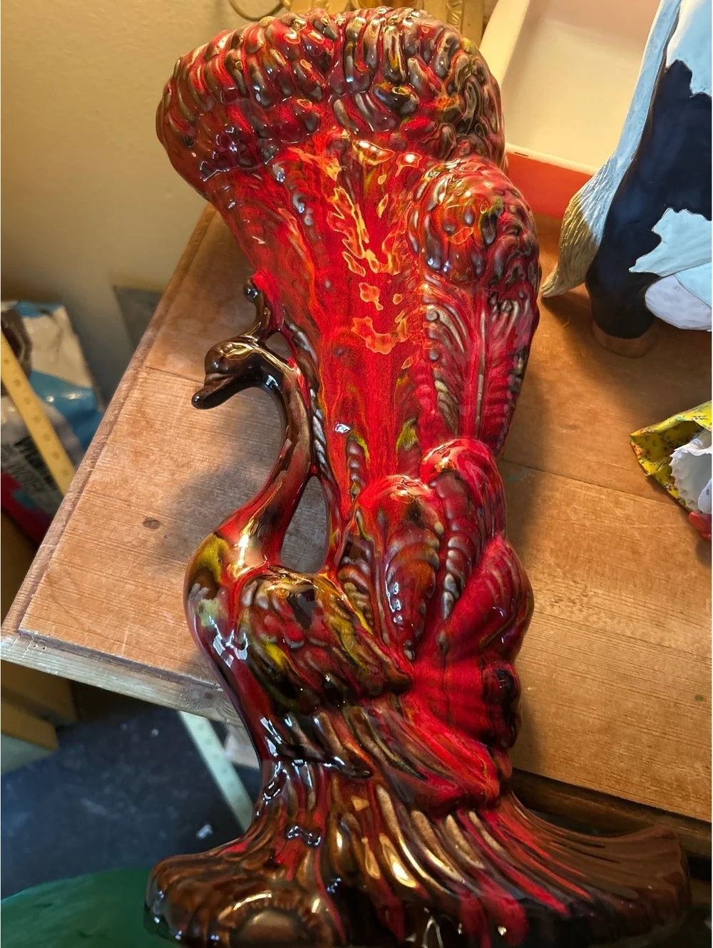 Vintage Red Ceramic Peacock Vase Figurine